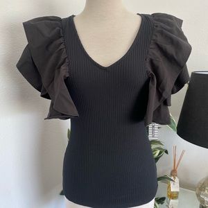 Black stretch v neck top with big ruffled sleeves, size M